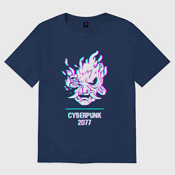 Футболка оверсайз женская Cyberpunk 2077 в стиле glitch и баги графики, цвет: тёмно-синий