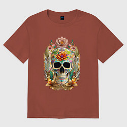 Женская футболка оверсайз Череп расписной с цветами