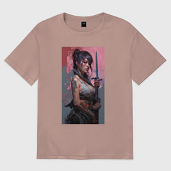 Футболка оверсайз женская Девушка с катаной, цвет: пыльно-розовый