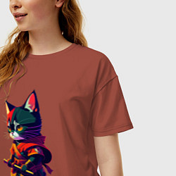 Футболка оверсайз женская Котёнок самурай - нейросеть, цвет: кирпичный — фото 2