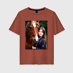 Футболка оверсайз женская Девочка с лошадью, цвет: кирпичный