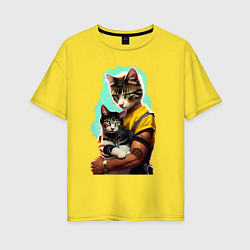 Футболка оверсайз женская Кот с котёнком - нейросеть, цвет: желтый