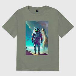 Женская футболка оверсайз Космонавт на планете динозавров - нейросеть