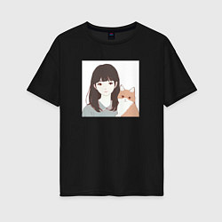 Женская футболка оверсайз Девушка с котом