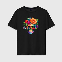 Футболка оверсайз женская Череп с цветами в мексиканском стиле, цвет: черный