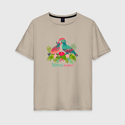 Женская футболка оверсайз Влюбленные попугаи среди тропических листьев