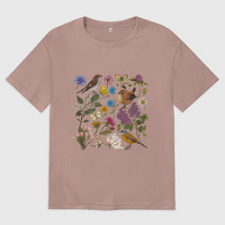 Женская футболка оверсайз Цветение и птички
