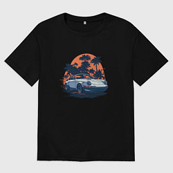 Футболка оверсайз женская Порше, пальмы и закат, цвет: черный