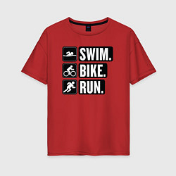 Футболка оверсайз женская Swim bike run, цвет: красный