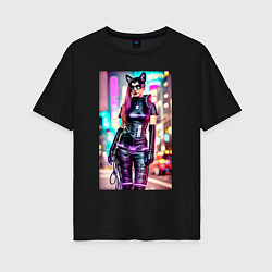Женская футболка оверсайз Cyberpunk - cat girl - neural network