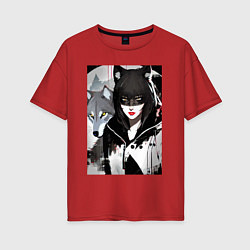 Женская футболка оверсайз Девушка и волк - нейросеть - фантазия