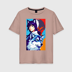Женская футболка оверсайз Девочка-волчонок и волк - аниме - нейросеть