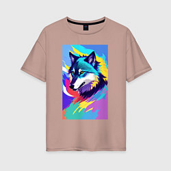 Женская футболка оверсайз Wolf - pop art - neural network