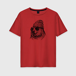 Футболка оверсайз женская Медведь в шапке, цвет: красный