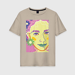 Женская футболка оверсайз Женский портрет с полевыми цветами