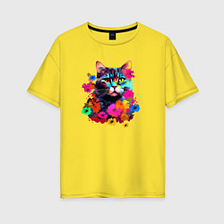 Женская футболка оверсайз Котик в цветах - нейросеть