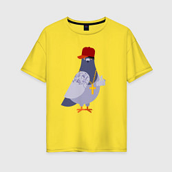Женская футболка оверсайз Крутой голубь в кепке показывает f**k