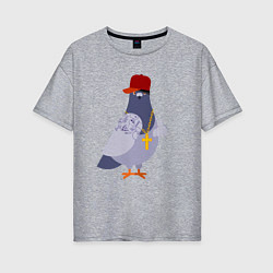 Футболка оверсайз женская Крутой голубь в кепке показывает f**k, цвет: меланж