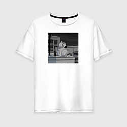 Футболка оверсайз женская Грустный кот сидит и курит на крыше черно-белый, цвет: белый