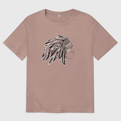 Футболка оверсайз женская Профиль индеец с перьями рисунок, цвет: пыльно-розовый