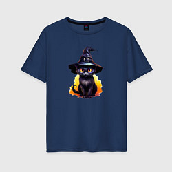 Женская футболка оверсайз Черный кот в шляпе хэллоуин