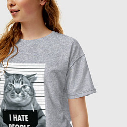 Футболка оверсайз женская Кот преступник уголовник с табличкой, цвет: меланж — фото 2