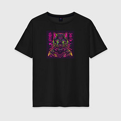 Женская футболка оверсайз Неоновый кот самурай
