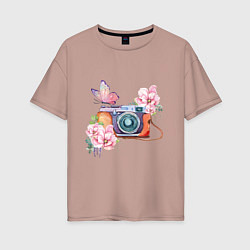 Женская футболка оверсайз Фотоаппарат в цветах и бабочки