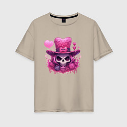 Женская футболка оверсайз Розовый череп с розовой шляпой ведьмы