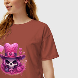 Футболка оверсайз женская Розовый череп с розовой шляпой ведьмы, цвет: кирпичный — фото 2