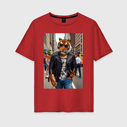 Футболка оверсайз женская Cool tiger on the streets of New York - ai art, цвет: красный