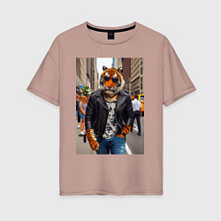 Футболка оверсайз женская Cool tiger on the streets of New York - ai art, цвет: пыльно-розовый