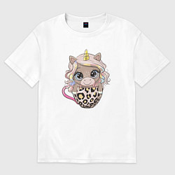 Футболка оверсайз женская Малыш единорог в чашке, цвет: белый