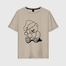 Женская футболка оверсайз Мишка игрушечный в колпаке деда Мороза - раскраска