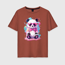 Футболка оверсайз женская Милая панда в розовых очках и бантике, цвет: кирпичный
