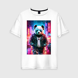 Женская футболка оверсайз Панда в ночном Пекине - киберпанк - нейросеть
