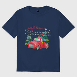 Футболка оверсайз женская Красная машинка с елкой, цвет: тёмно-синий