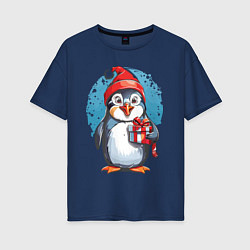 Женская футболка оверсайз Пингвин с новогодним подарком
