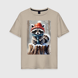 Женская футболка оверсайз Зимний енот в шапке на пеньке в лесу