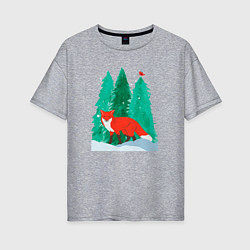 Женская футболка оверсайз Лиса в лесу и птичка