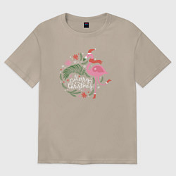 Женская футболка оверсайз Рождественский фламинго