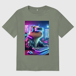 Женская футболка оверсайз Капибара игроман - неоновое свечение