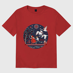 Женская футболка оверсайз Сказка Гуси - лебеди в стиле мезенской росписи