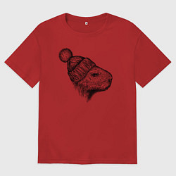 Женская футболка оверсайз Капибара в шапке