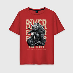 Футболка оверсайз женская Носорог байкер на мотоцикле, цвет: красный