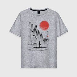 Женская футболка оверсайз Традиционный японский пейзаж с рыбаком и горами