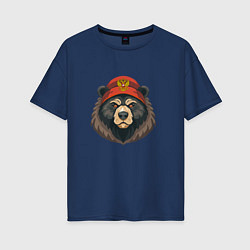 Футболка оверсайз женская Русский медведь в шапке с гербом, цвет: тёмно-синий