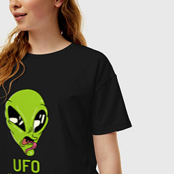 Футболка оверсайз женская Зеленый пришелец НЛО с надписью UFO my ass, цвет: черный — фото 2