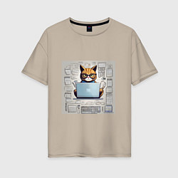 Женская футболка оверсайз Кот программист за ноутбуком