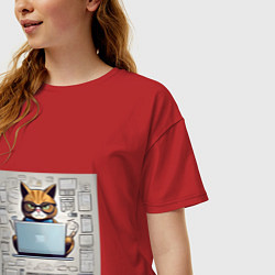 Футболка оверсайз женская Кот программист за ноутбуком, цвет: красный — фото 2